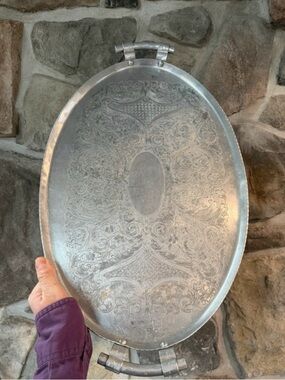 Ornate Oval Etched Metal Serving Tray - Silver Tone